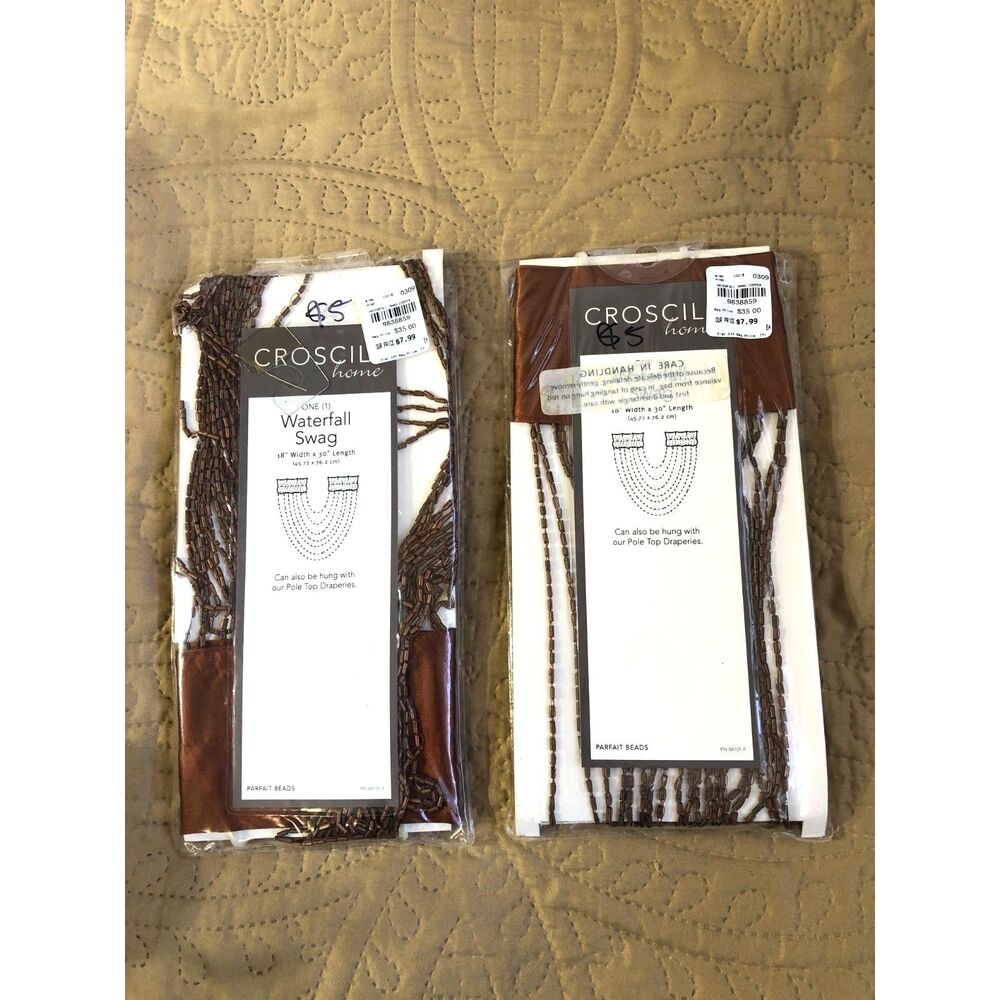 Croscill Parfait Bead Waterfall Swag Valance Pair Copper Beaded Fringe NIB 18x30